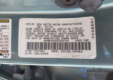 2005 Toyota Corolla Le из США, поврежденный, VIN 1NXBR32E85Z500704